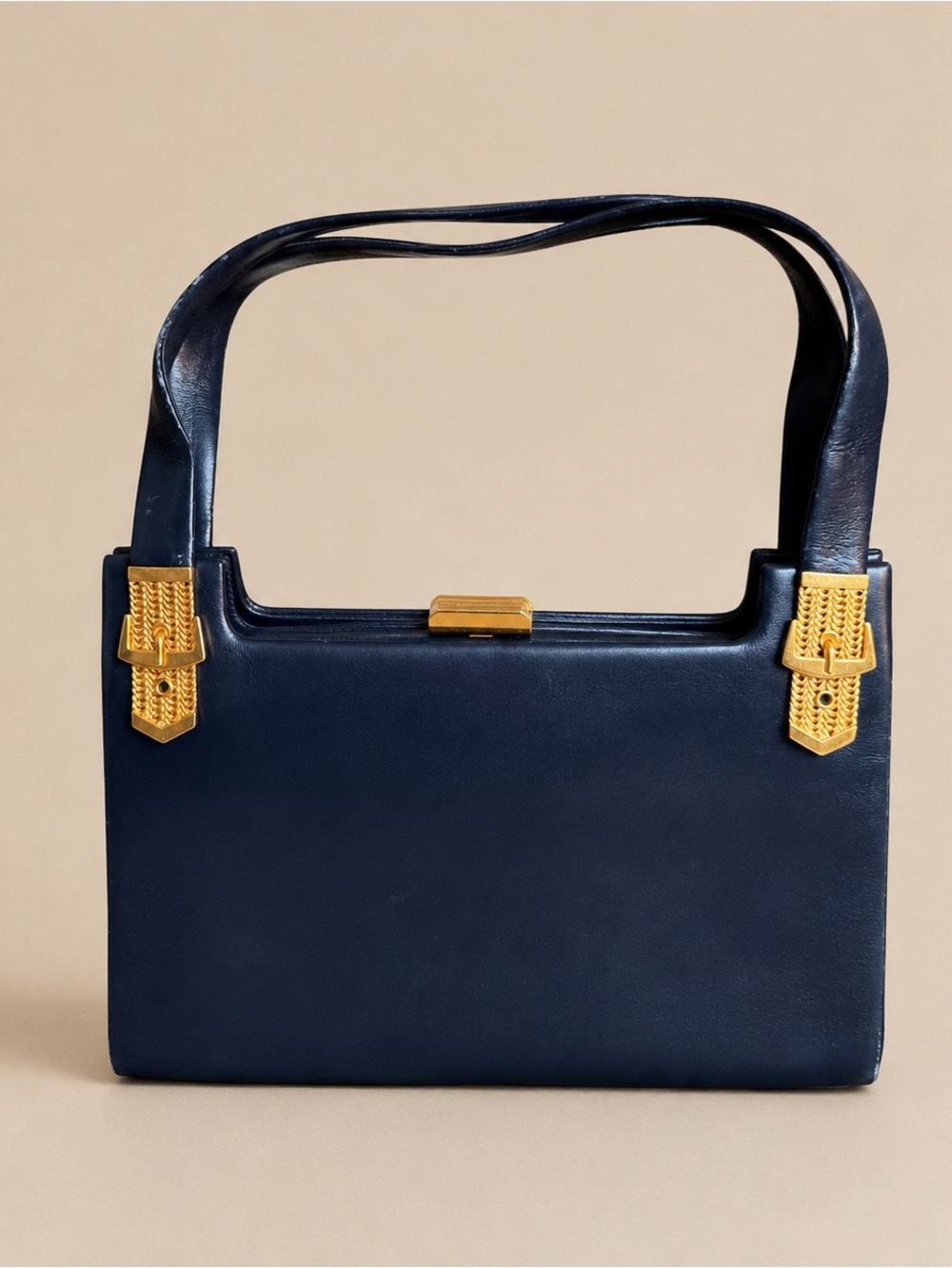 Vintage Rodo Italy Navy Leather Top Handle Bag Gold Hardware